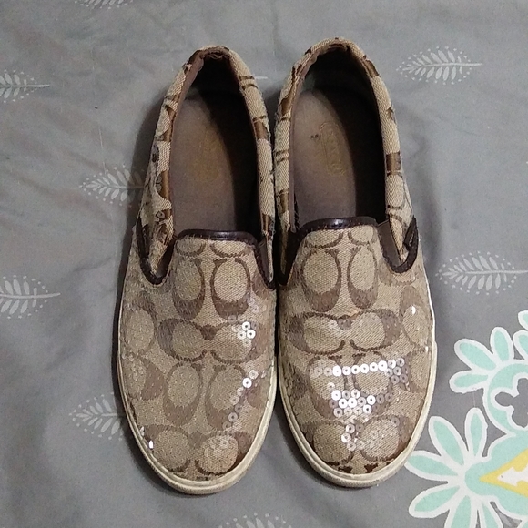 COACH tan sequin leather canvas shoes loafers sneakers slides 6 1/2